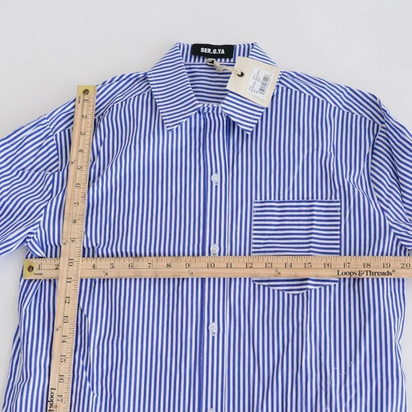 SER.O.YA Hefley Oversized Shirt Dress  White & Royla Blue Stripe Coated XS NWT - Picture 5 of 6